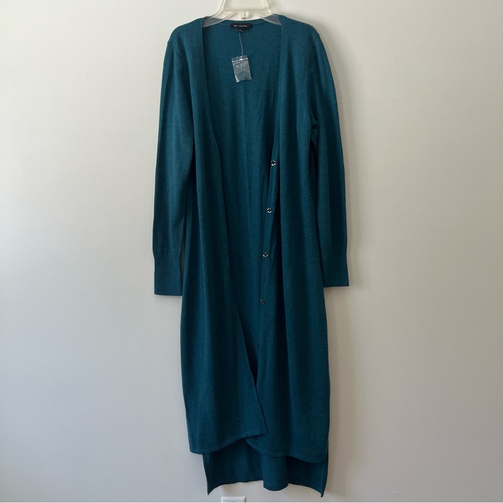 Halston Long Line Duster Cardigan Sweater Small Teal Blue